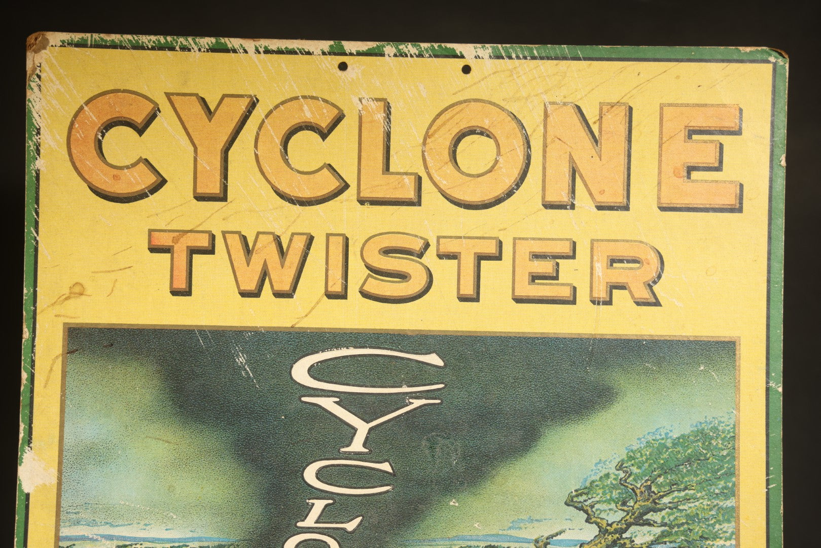 Vintage Cyclone Twister Five Cent Cigar Cardboard Advertising Sign with Tornado Graphics, Copyright 1928 by Martin L. Richards, The M.L. Richards Co., Dallas, Texas