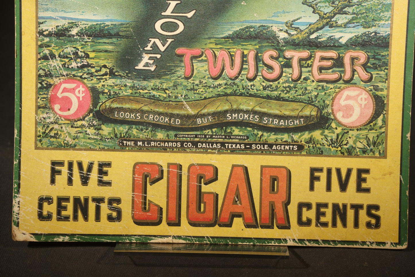 Vintage Cyclone Twister Five Cent Cigar Cardboard Advertising Sign with Tornado Graphics, Copyright 1928 by Martin L. Richards, The M.L. Richards Co., Dallas, Texas