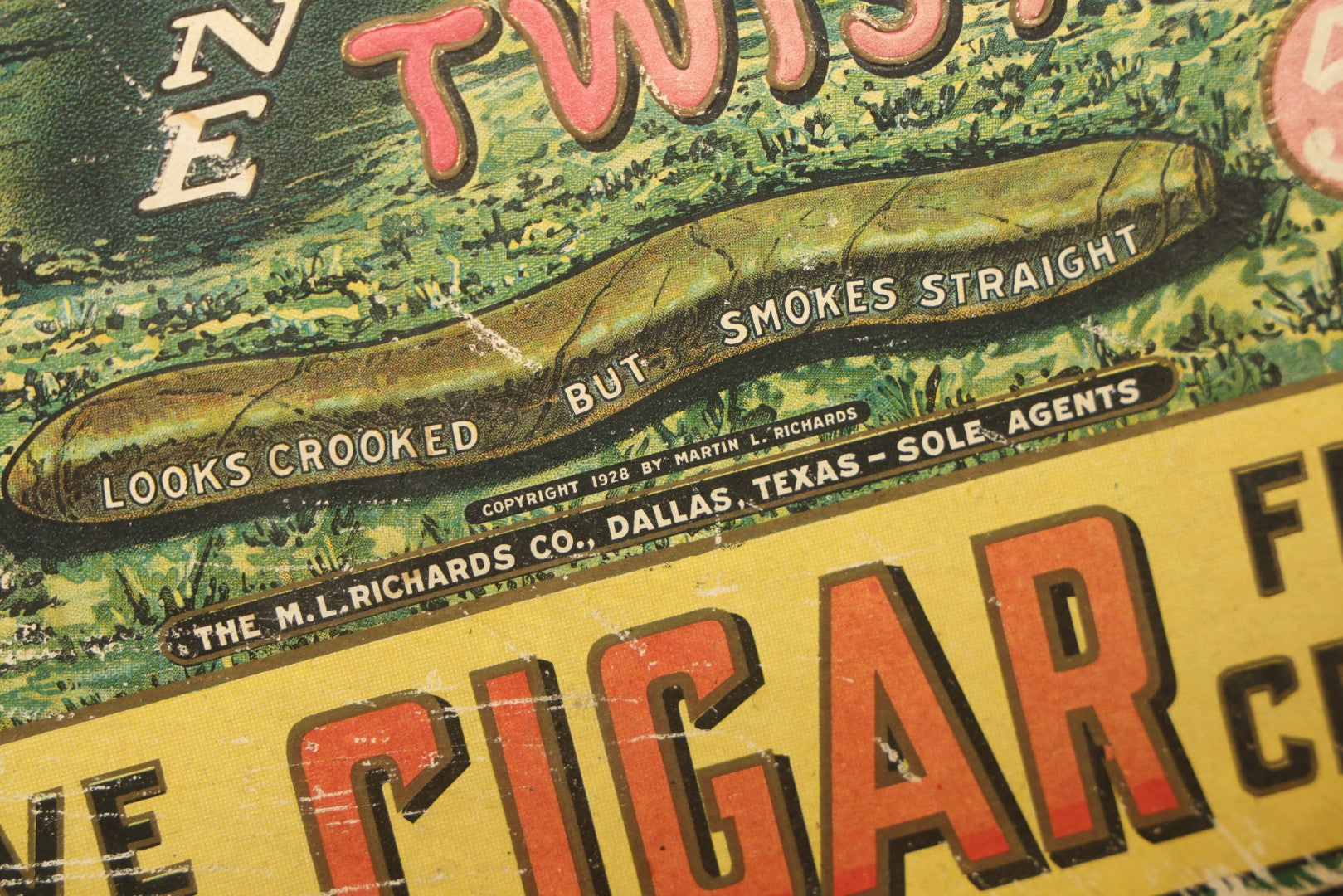 Vintage Cyclone Twister Five Cent Cigar Cardboard Advertising Sign with Tornado Graphics, Copyright 1928 by Martin L. Richards, The M.L. Richards Co., Dallas, Texas