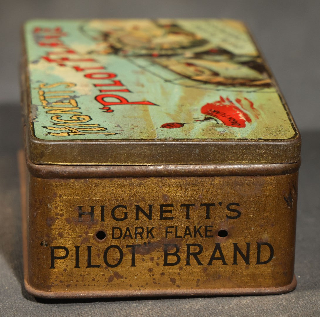 Antique Hignett's "Pilot" Flake Dark Flake Cavendish Tobacco Tin with Ship's Helmsman Graphic