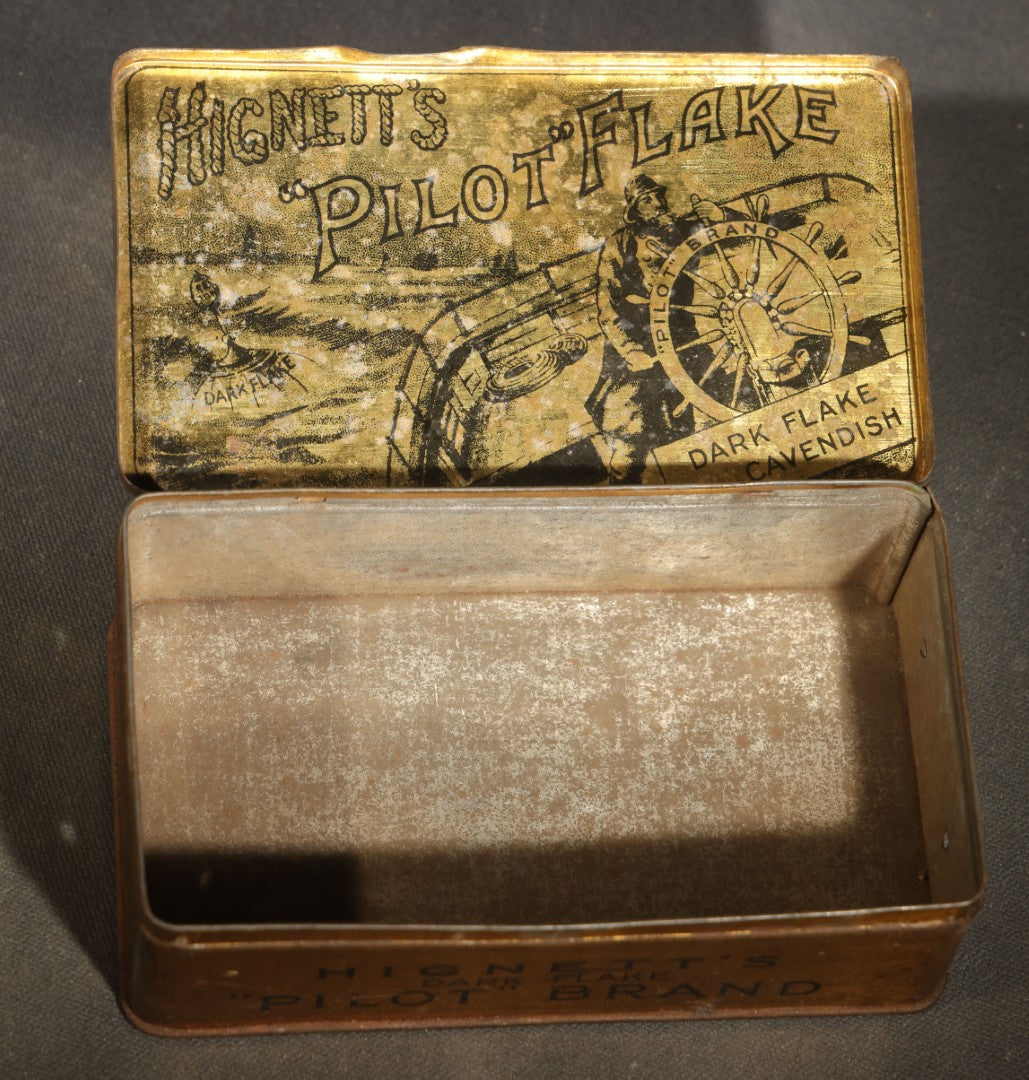 Antique Hignett's "Pilot" Flake Dark Flake Cavendish Tobacco Tin with Ship's Helmsman Graphic