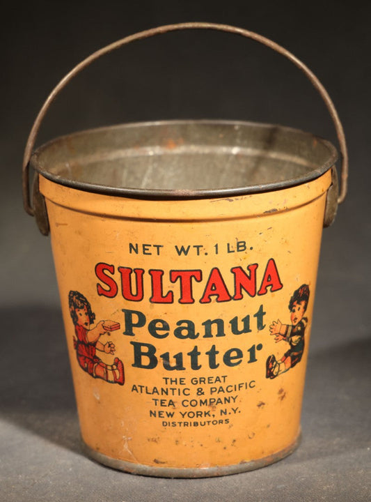 Antique Sultana Peanut Butter 1 Lb. Tin Pail with Children Graphics and Wire Bail Handle, The Great Atlantic & Pacific Tea Company, New York