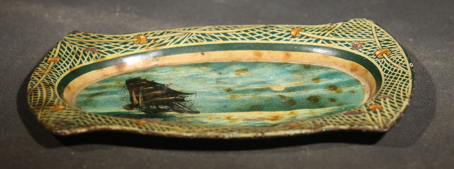 Antique Mascot Crushed Cut Tobacco Lithographed Tin Advertising Tip Tray with Sailing Ship and Fishing Net Border