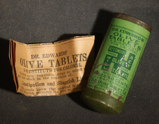 Antique Dr. Edwards' Olive Tablets Tin with Whirling Logs Trade Mark and Paper Insert, The Olive Tablet Company, Columbus, Ohio