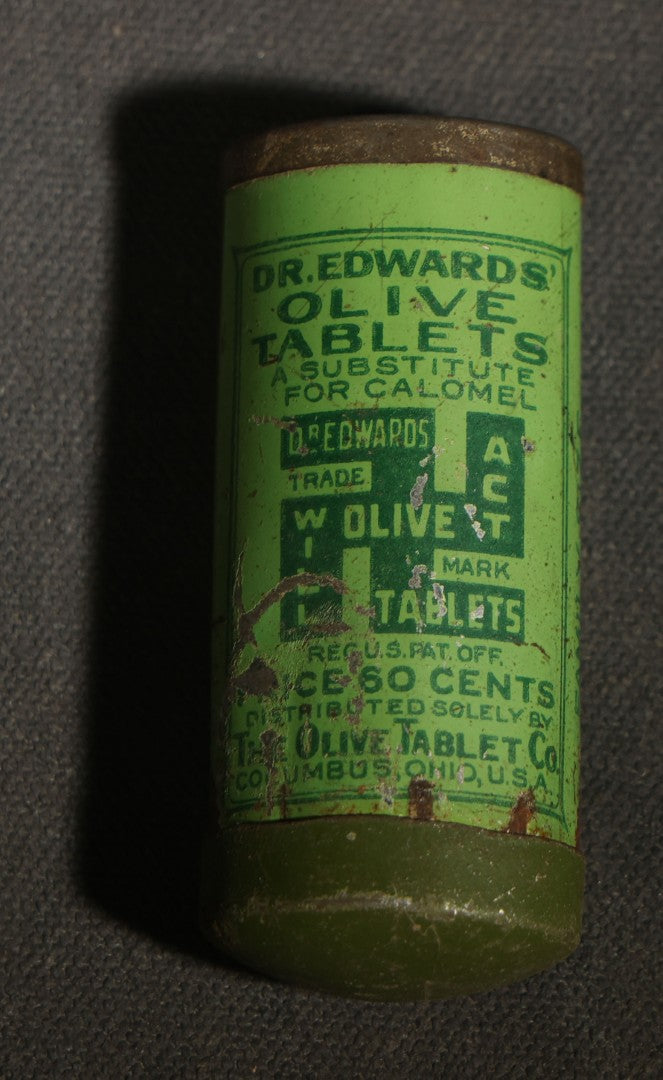 Antique Dr. Edwards' Olive Tablets Tin with Whirling Logs Trade Mark and Paper Insert, The Olive Tablet Company, Columbus, Ohio