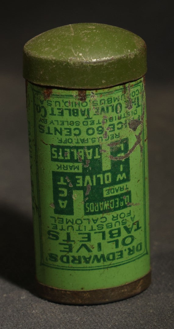 Antique Dr. Edwards' Olive Tablets Tin with Whirling Logs Trade Mark and Paper Insert, The Olive Tablet Company, Columbus, Ohio