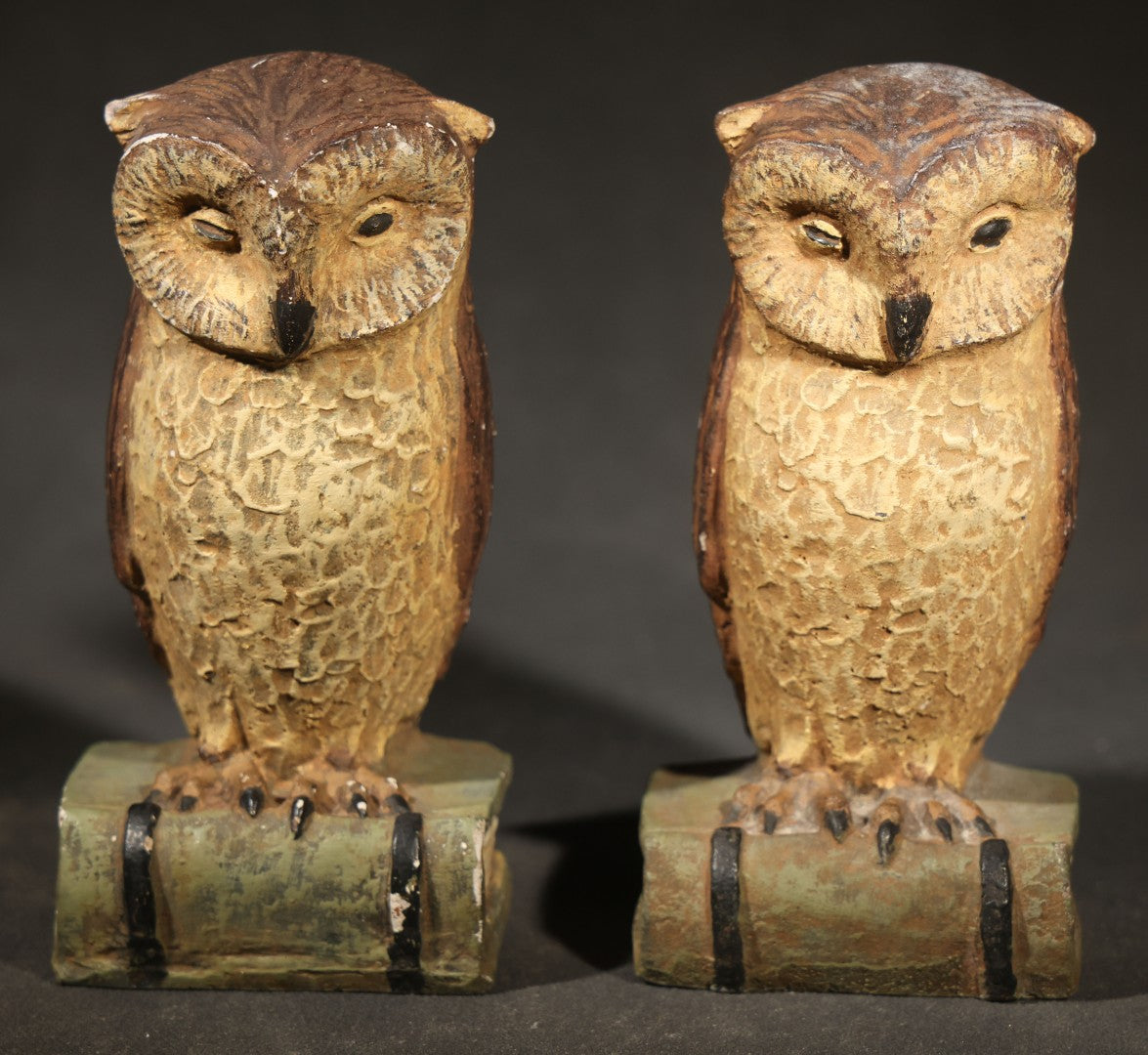 Pair of Vintage Polychrome Chalkware Owl Bookends, Perched on Stacked Books