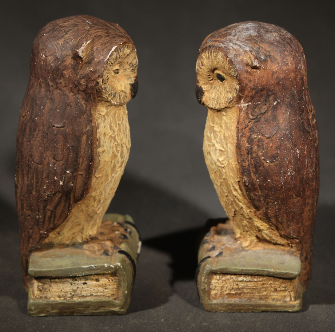 Pair of Vintage Polychrome Chalkware Owl Bookends, Perched on Stacked Books