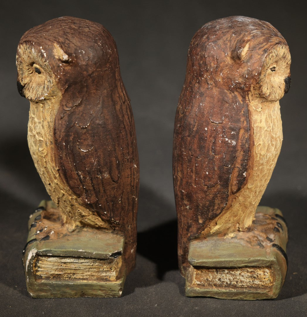 Pair of Vintage Polychrome Chalkware Owl Bookends, Perched on Stacked Books