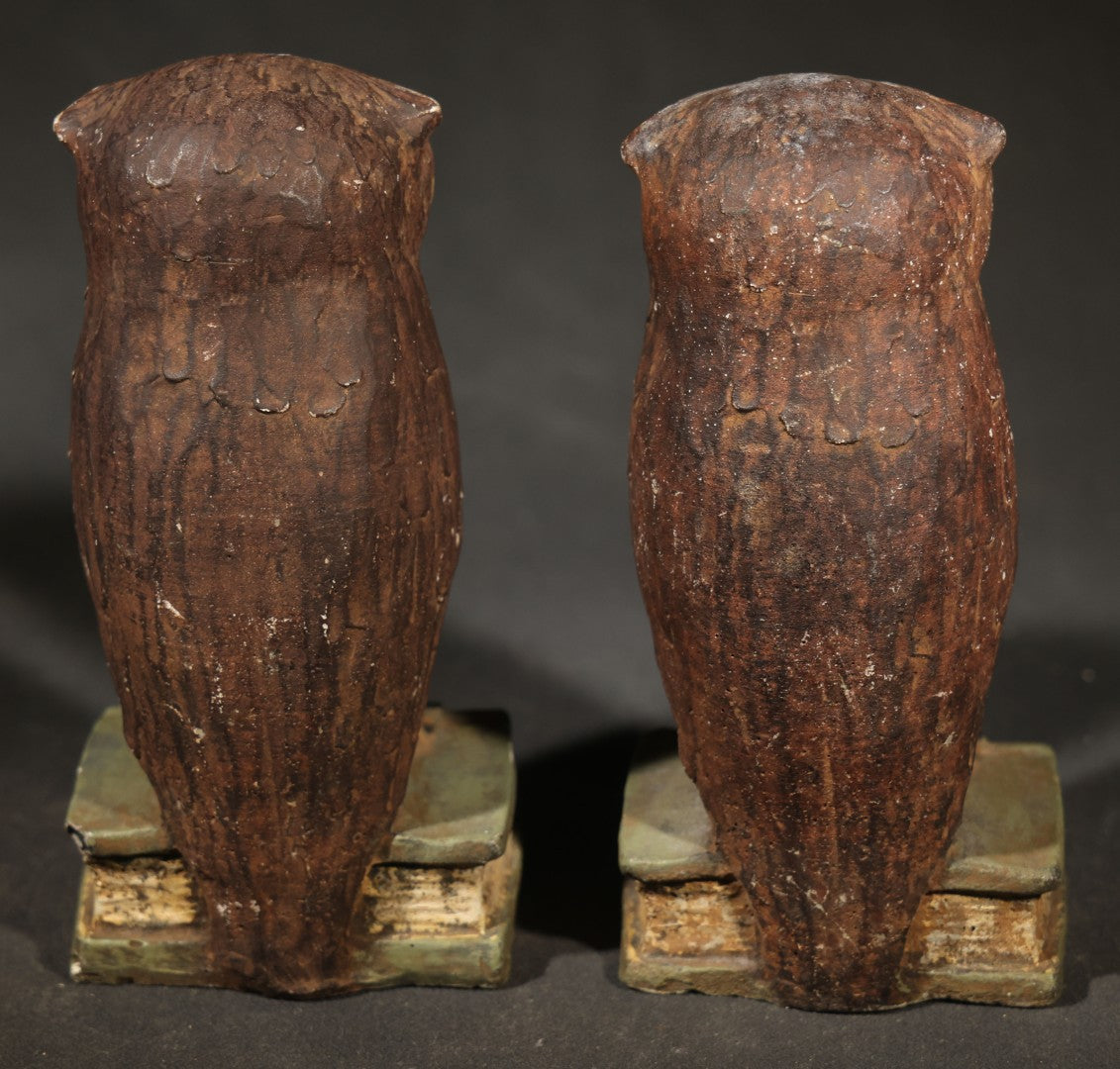 Pair of Vintage Polychrome Chalkware Owl Bookends, Perched on Stacked Books