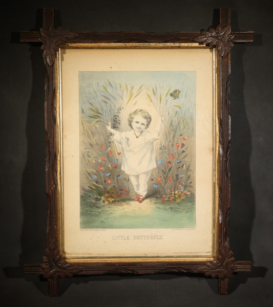 Antique "Little Butterfly" Hand-Colored Lithograph Print, Published by Currier & Ives, 125 Nassau Street, New York, in Carved Cross-Corner Frame