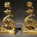 Lot 035 - Pair of Antique Brass Figural Dragon or Griffin Candlesticks with Foliate Candle Cups on Shaped Bases