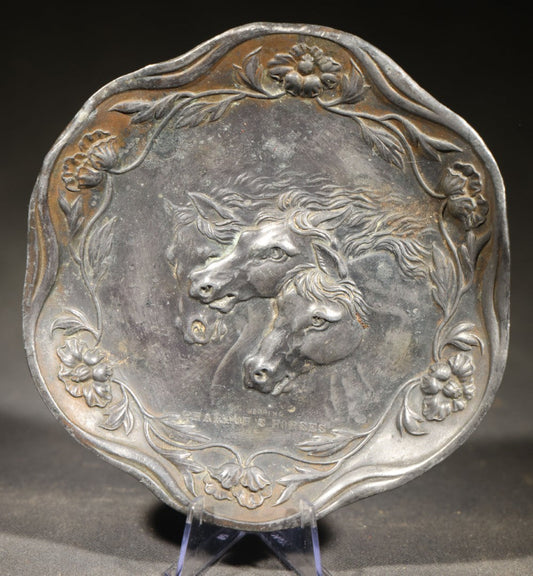 Antique Pewter Tray with "Pharaoh's Horses" Relief after J.F. Herring, Art Nouveau Floral Border