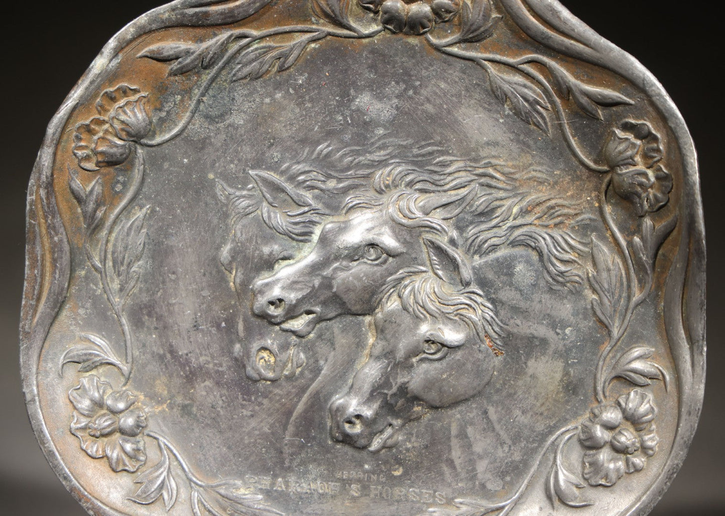 Antique Pewter Tray with "Pharaoh's Horses" Relief after J.F. Herring, Art Nouveau Floral Border