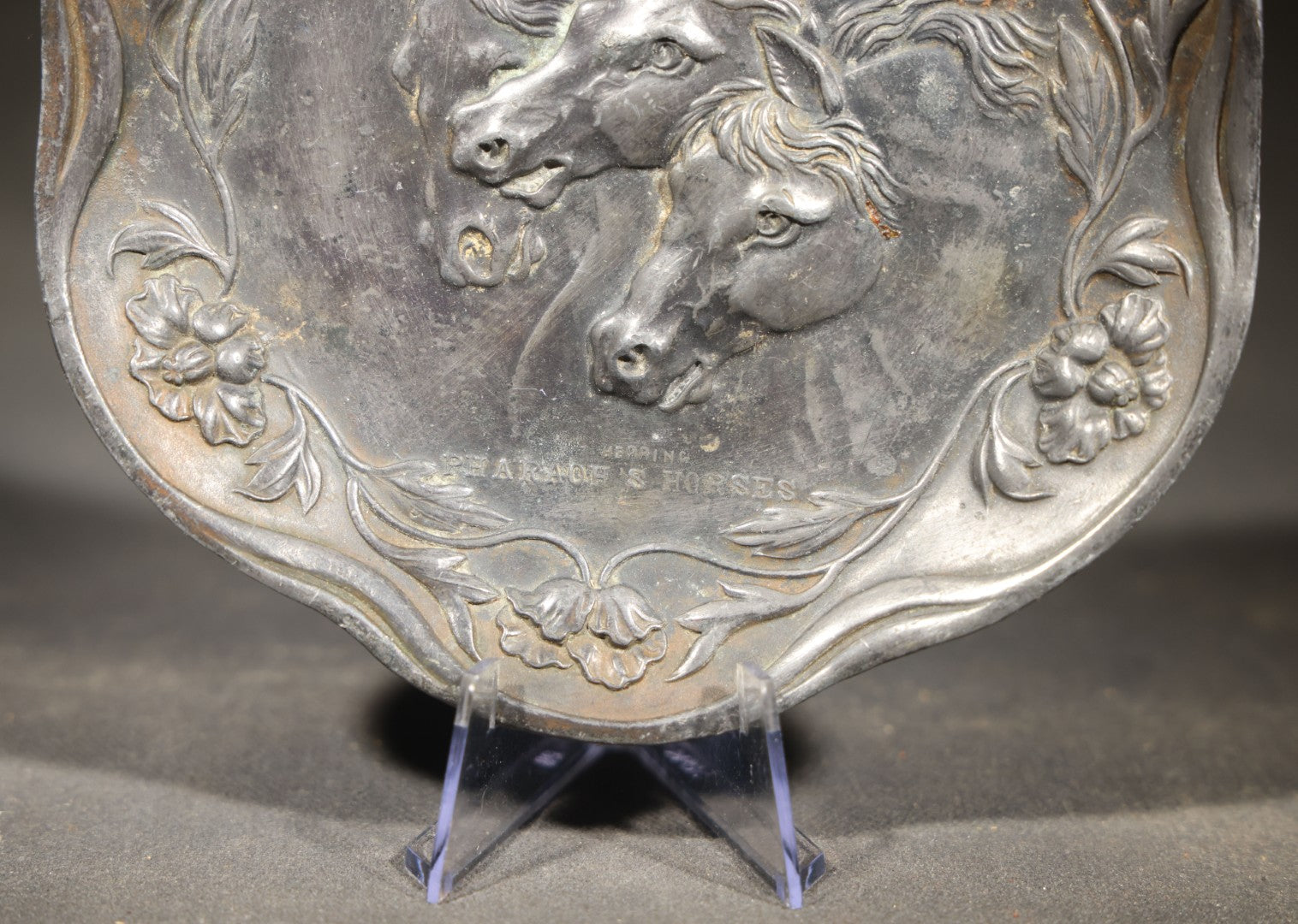 Antique Pewter Tray with "Pharaoh's Horses" Relief after J.F. Herring, Art Nouveau Floral Border
