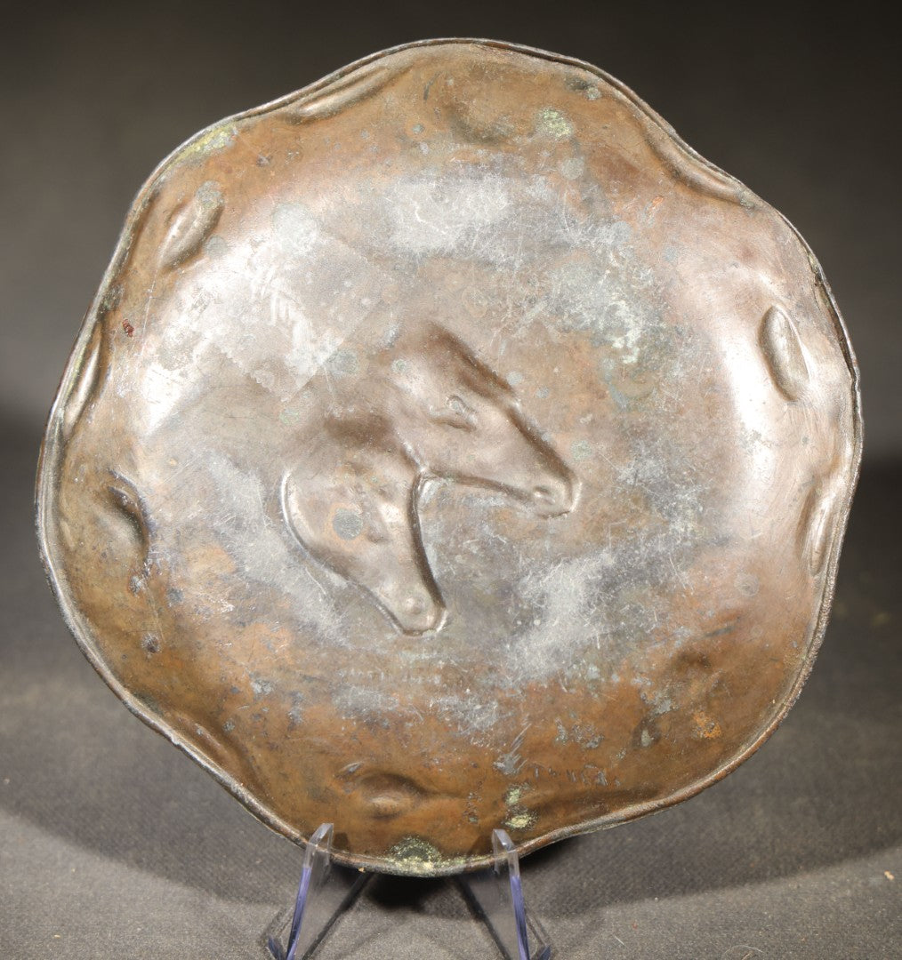 Antique Pewter Tray with "Pharaoh's Horses" Relief after J.F. Herring, Art Nouveau Floral Border