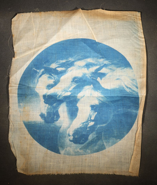 Antique Cyanotype on Fabric of "Pharaoh's Horses" After J.F. Herring, Three Horse Heads in Circular Vignette