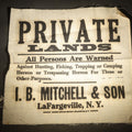 Lot 039 - Antique "Private Lands" No Trespassing Warning Sign on Fabric, I. B. Mitchell & Son, Lafargeville, New York, 11-3/4" W x 11-1/2" H