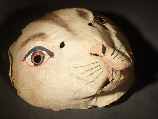 Antique Hand-Painted Cloth Easter Bunny Rabbit Mask with Cut-Out Eyes, Pink Nose, and Whisker Details