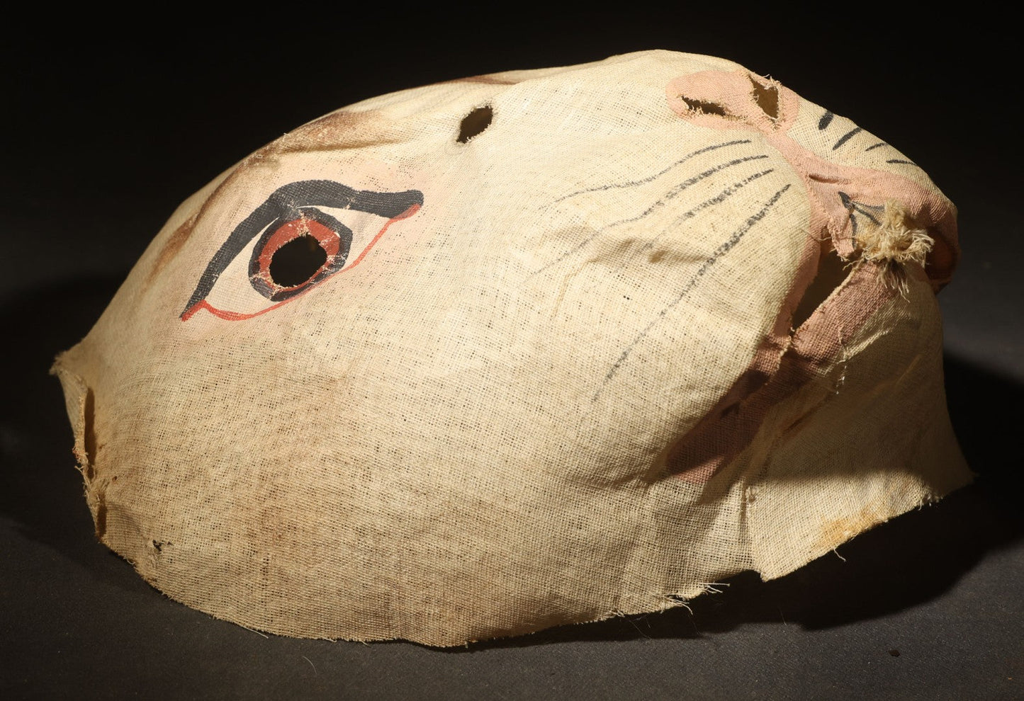 Antique Hand-Painted Cloth Easter Bunny Rabbit Mask with Cut-Out Eyes, Pink Nose, and Whisker Details