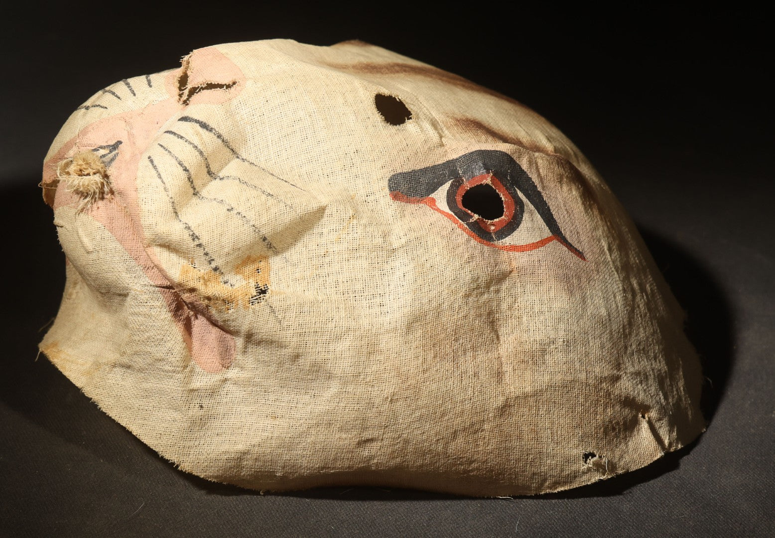 Antique Hand-Painted Cloth Easter Bunny Rabbit Mask with Cut-Out Eyes, Pink Nose, and Whisker Details