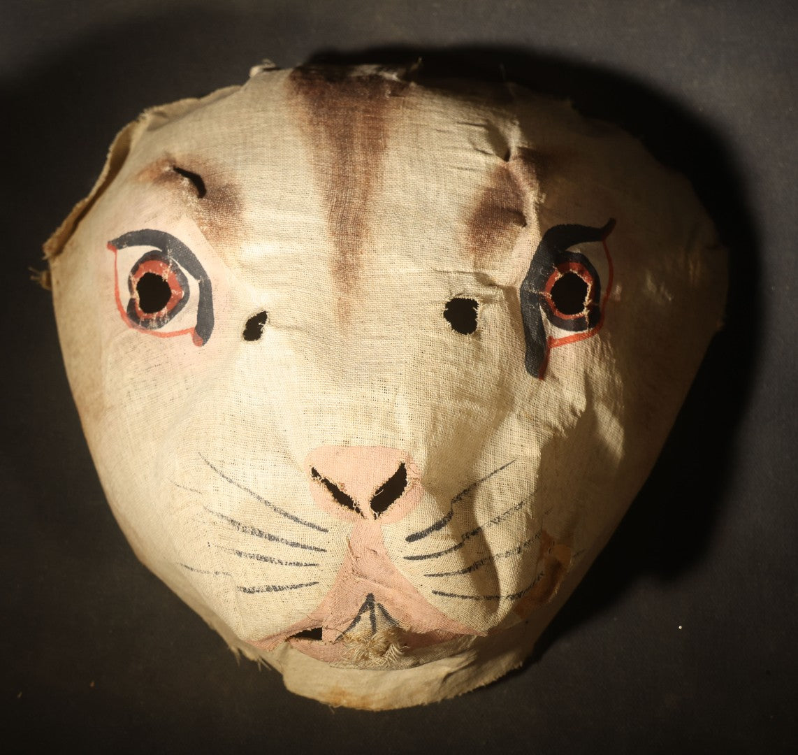 Antique Hand-Painted Cloth Easter Bunny Rabbit Mask with Cut-Out Eyes, Pink Nose, and Whisker Details
