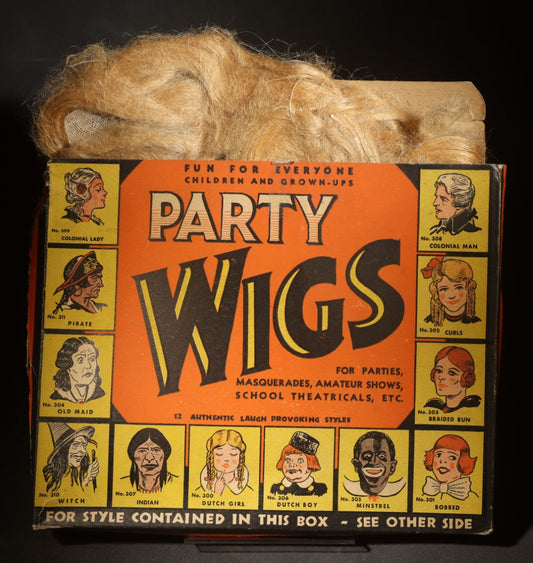Vintage Halloween "Party Wigs" Colonial Lady Wig No. 309 in Original Box, Manufactured by Transogram Company, Inc., New York, New York, Copyright 1936
