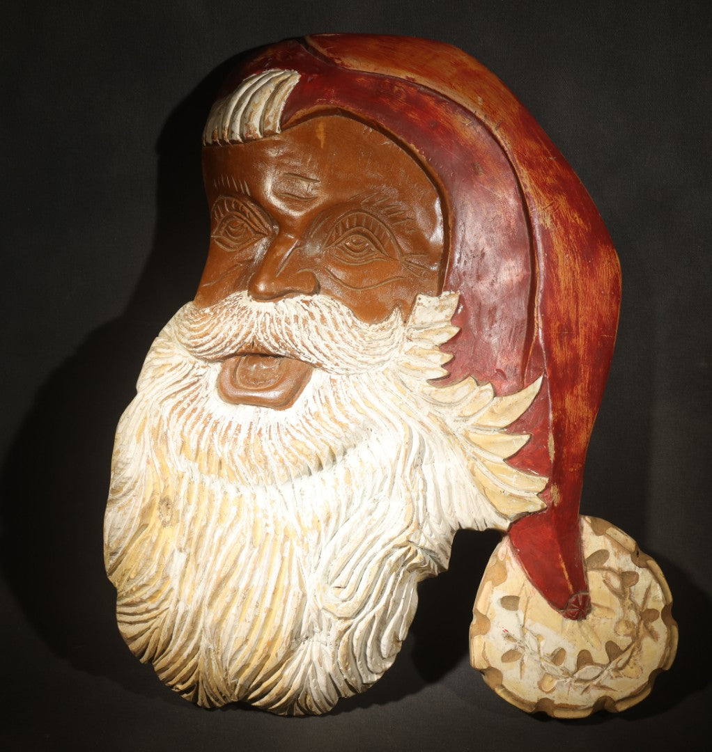 Vintage Carved and Painted Wood Folk Art Santa Claus Head Wall Plaque