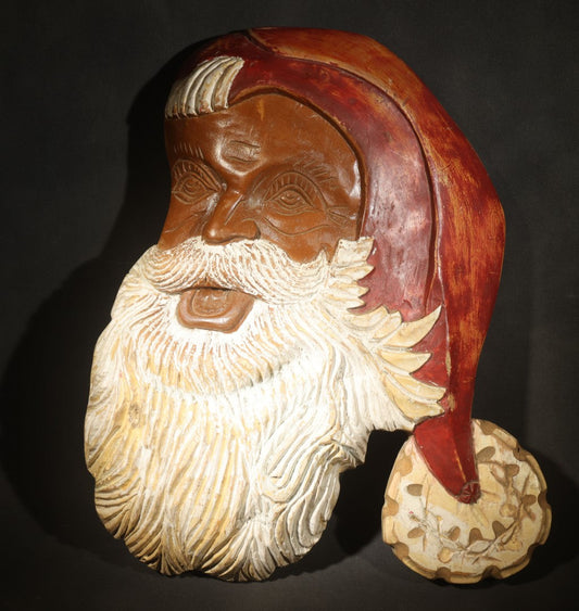 Vintage Carved and Painted Wood Folk Art Santa Claus Head Wall Plaque