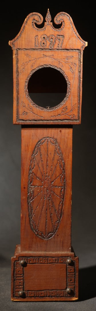 Antique Folk Art Pyrography Pocket Watch Holder in Miniature Tall Case Clock Form, Dated 1897