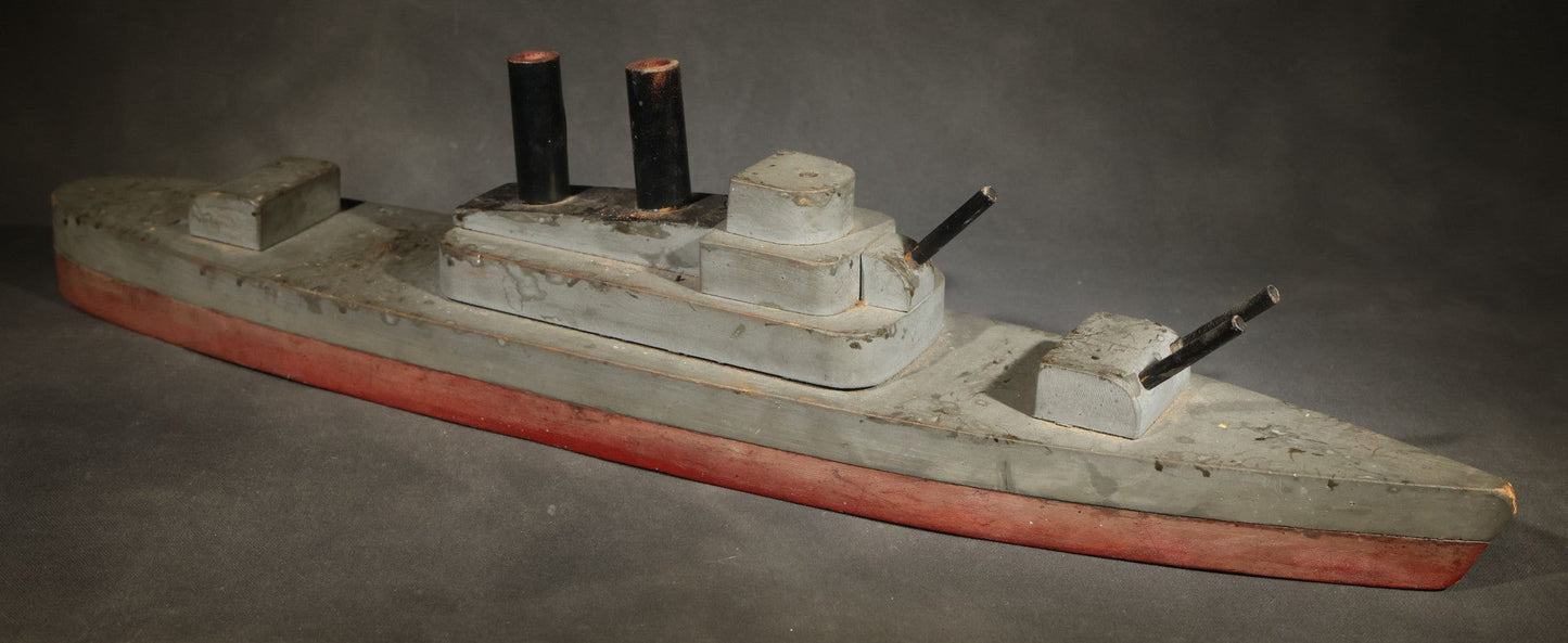 Antique Folk Art Wooden Battleship Model with Original Paint, Missing Some Guns