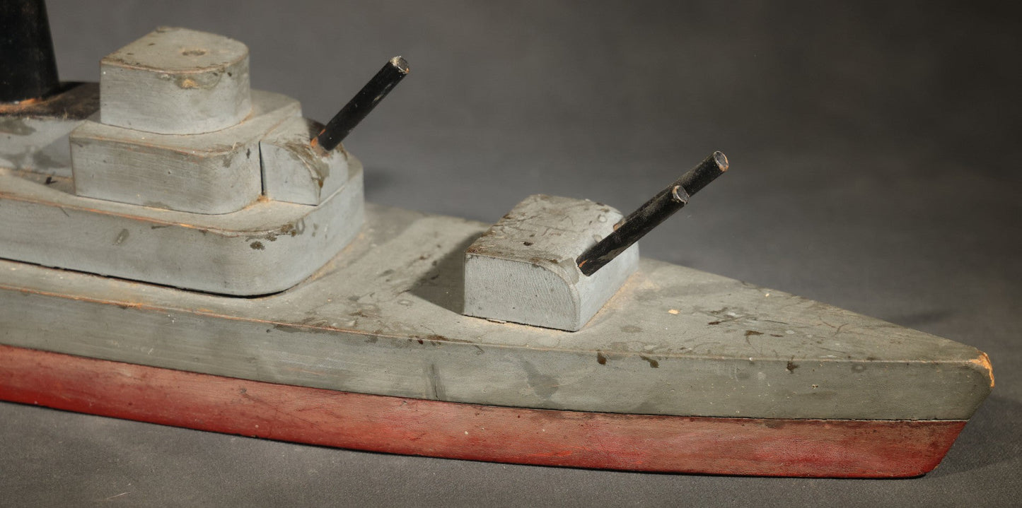 Antique Folk Art Wooden Battleship Model with Original Paint, Missing Some Guns