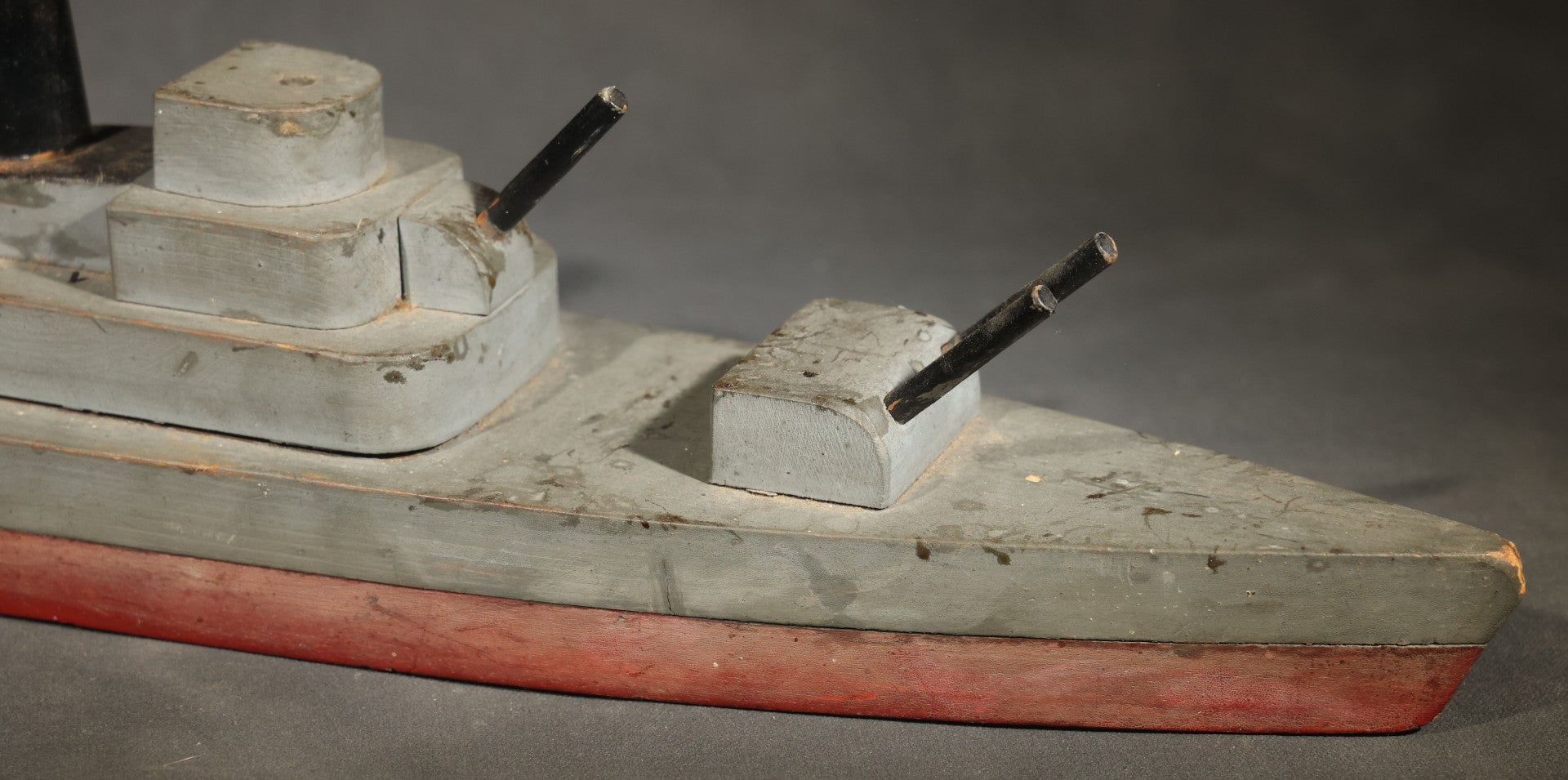 Antique Folk Art Wooden Battleship Model with Original Paint, Missing Some Guns