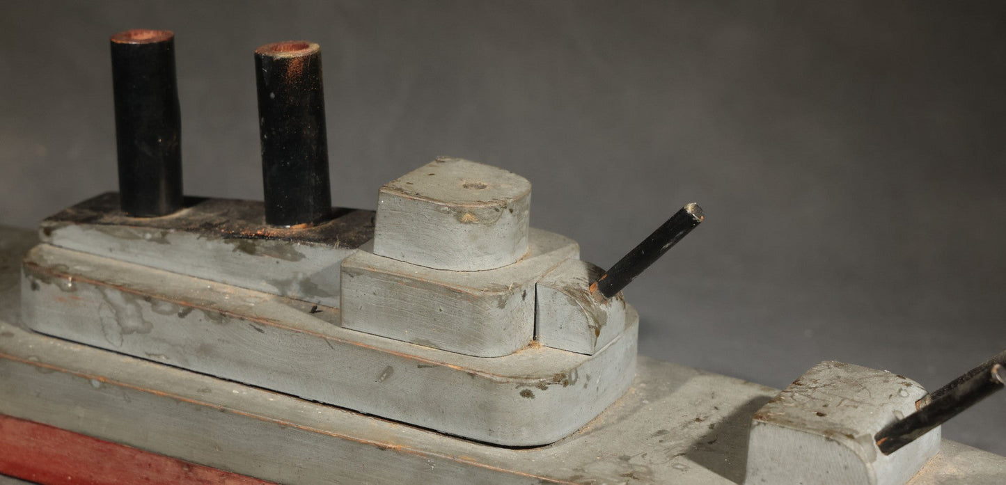 Antique Folk Art Wooden Battleship Model with Original Paint, Missing Some Guns