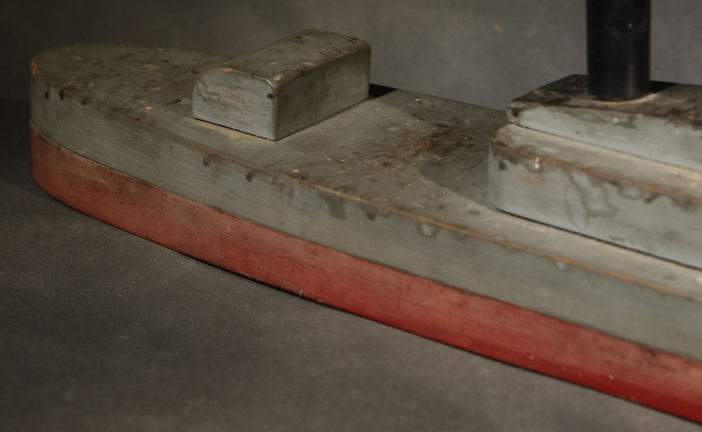 Antique Folk Art Wooden Battleship Model with Original Paint, Missing Some Guns