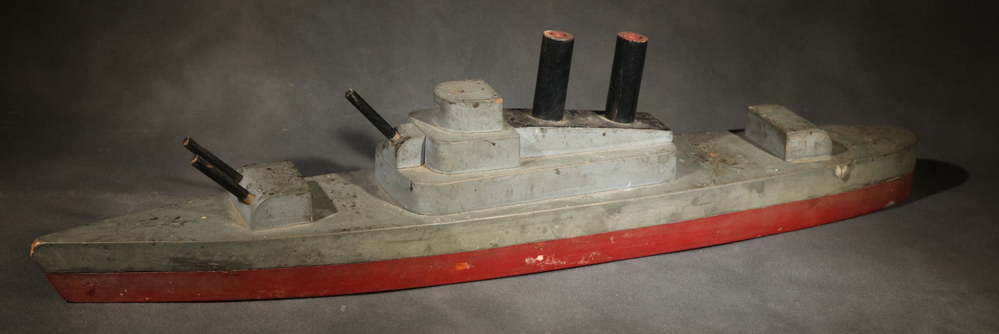Antique Folk Art Wooden Battleship Model with Original Paint, Missing Some Guns