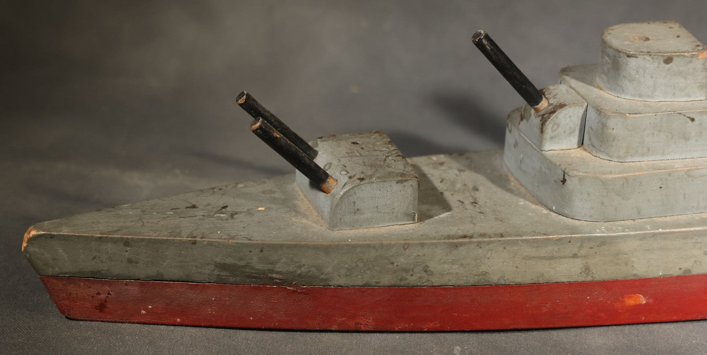 Antique Folk Art Wooden Battleship Model with Original Paint, Missing Some Guns