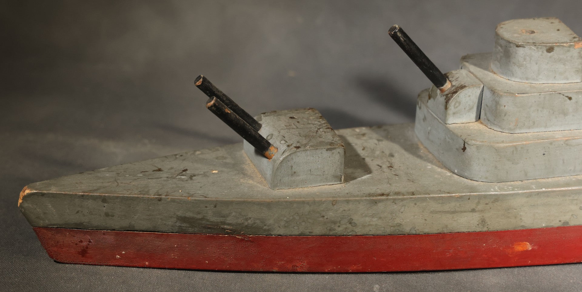 Antique Folk Art Wooden Battleship Model with Original Paint, Missing Some Guns