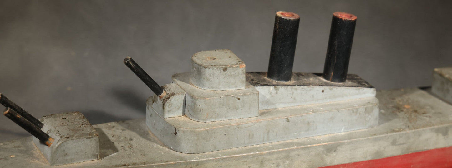 Antique Folk Art Wooden Battleship Model with Original Paint, Missing Some Guns