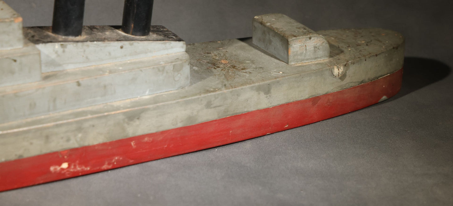 Antique Folk Art Wooden Battleship Model with Original Paint, Missing Some Guns