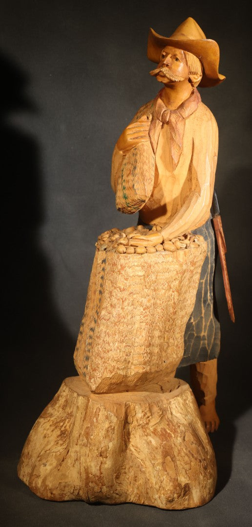 Vintage Folk Art Carved Wood Figure of a Coffee Farmer with Sack of Coffee Beans and Machete