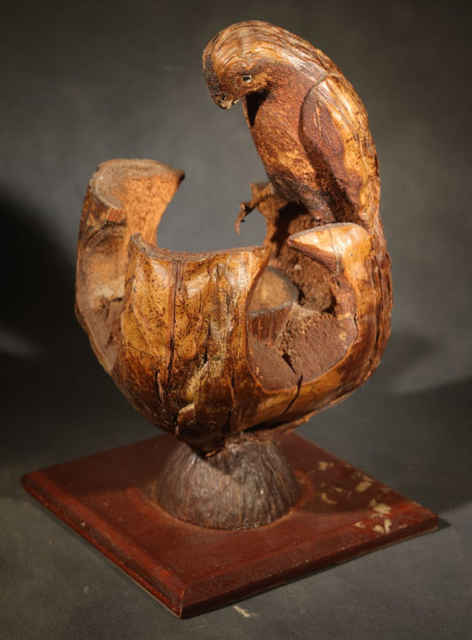 Vintage Folk Art Carved Coconut Shell Parrot Souvenir from Florida, Mounted on Wooden Base