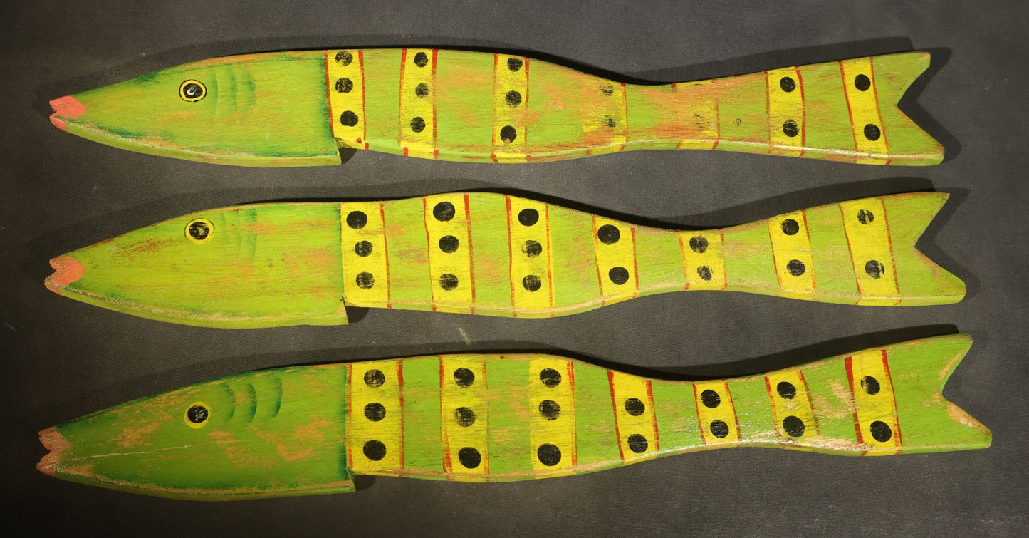 Trio of Modern Folk Art Hand-Painted Recycled Wood Fish Wall Hangings, Made in Haiti