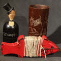 Lot 049 - Grouping of Three Antique and Vintage Folk Art Pieces Including Bamboo Cup with Crossed American and Cuban Flags, Red Painted Wooden Fish Line Winder, and "Whoopee" Man in Top Hat Figure