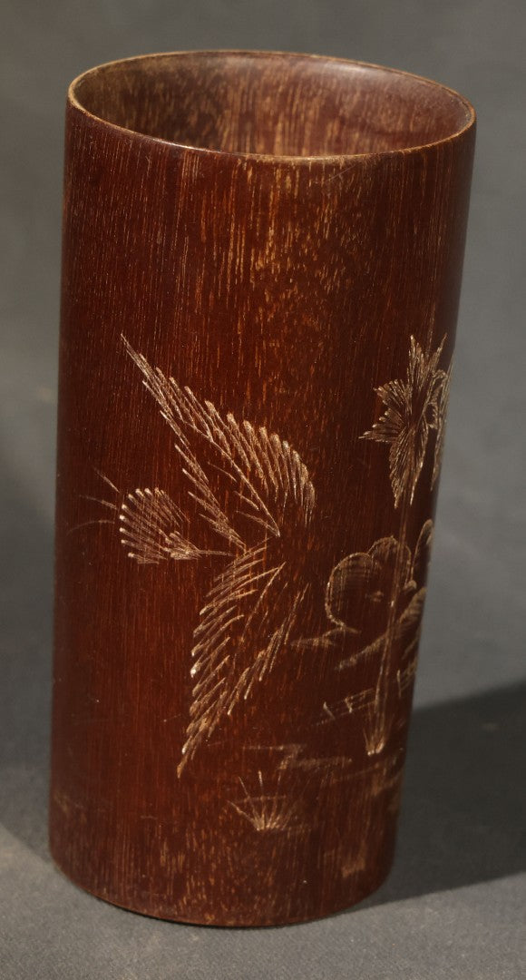 Grouping of Three Antique and Vintage Folk Art Pieces including Bamboo Cup with Crossed American and Cuban Flags, Red Painted Wooden Fish Line Winder, and "Whoopee" Man in Top Hat Figure
