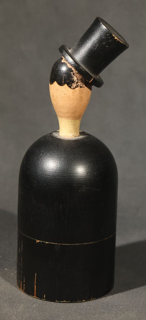 Grouping of Three Antique and Vintage Folk Art Pieces including Bamboo Cup with Crossed American and Cuban Flags, Red Painted Wooden Fish Line Winder, and "Whoopee" Man in Top Hat Figure