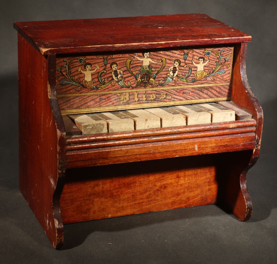 Antique Bliss Wooden Toy Piano with Lithographed Cherub and Scroll Graphics, Eight Keys
