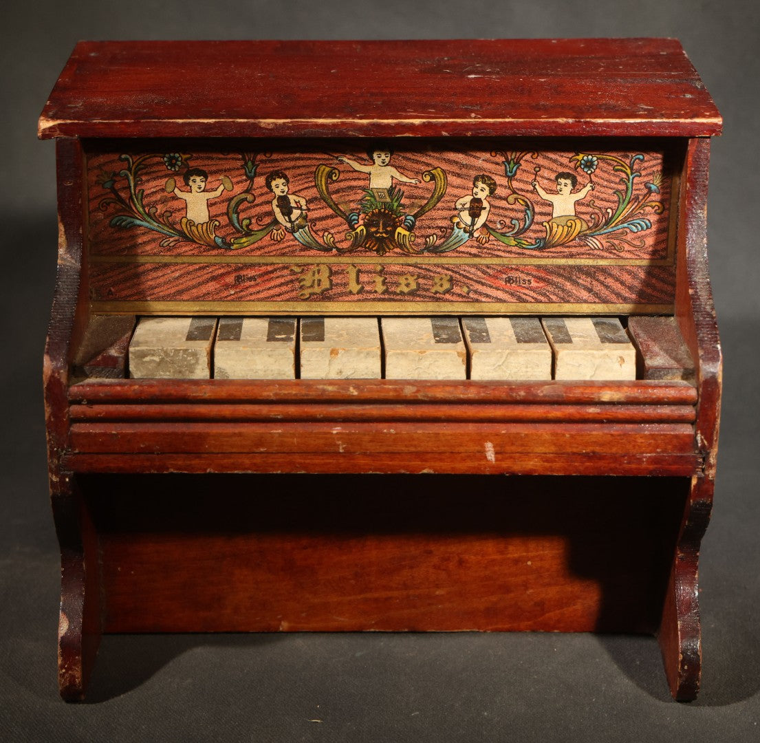 Antique Bliss Wooden Toy Piano with Lithographed Cherub and Scroll Graphics, Eight Keys