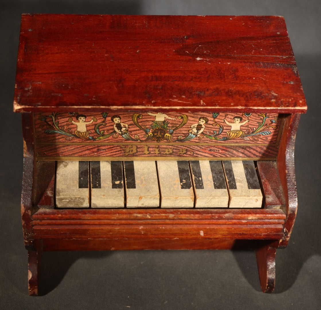 Antique Bliss Wooden Toy Piano with Lithographed Cherub and Scroll Graphics, Eight Keys