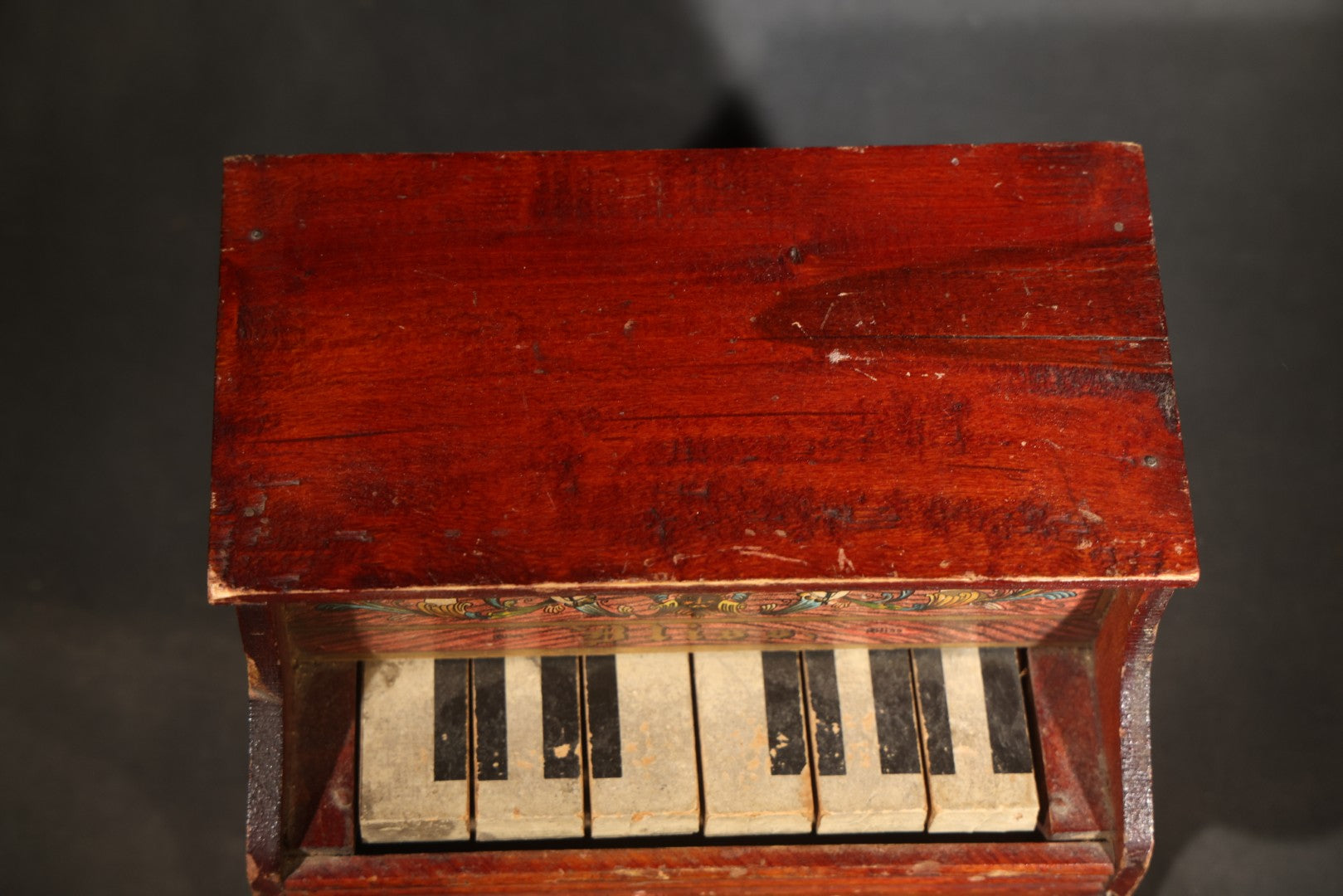 Antique Bliss Wooden Toy Piano with Lithographed Cherub and Scroll Graphics, Eight Keys
